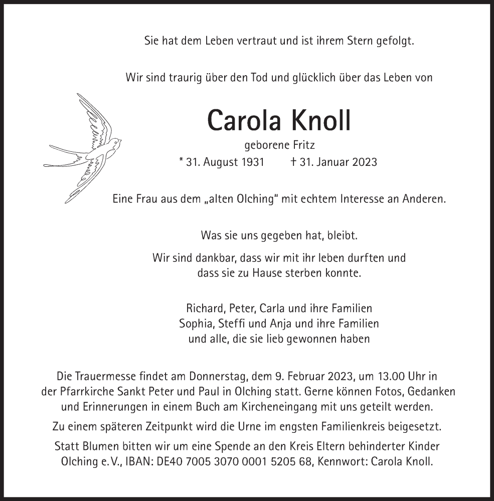  Traueranzeige für Carola Knoll vom 06.02.2023 aus Süddeutsche Zeitung