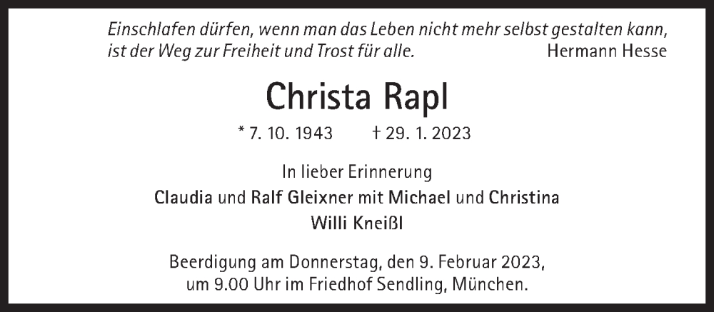  Traueranzeige für Christa Rapl vom 04.02.2023 aus Süddeutsche Zeitung
