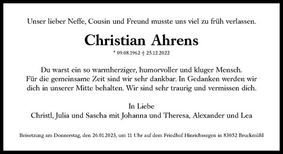 Traueranzeigen von Christian Ahrens SZGedenken.de