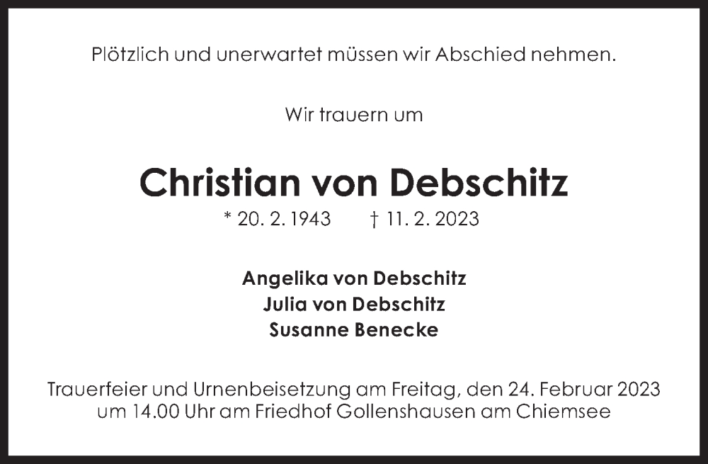  Traueranzeige für Christian von Debschitz vom 18.02.2023 aus Süddeutsche Zeitung