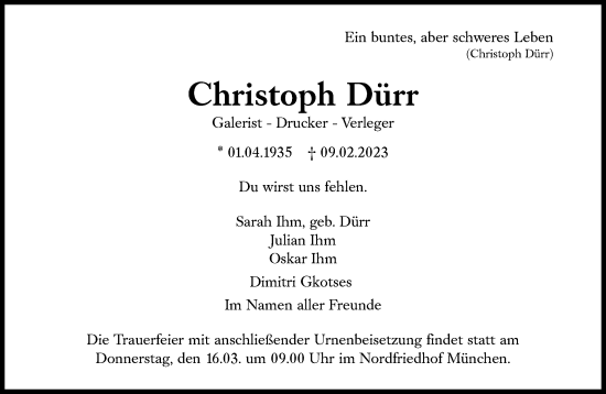 Traueranzeige von Christoph Dürr von Süddeutsche Zeitung