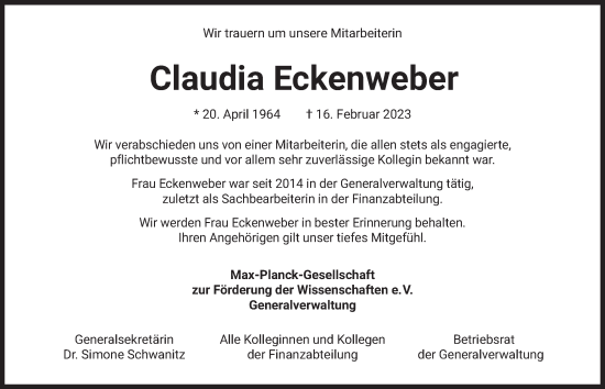 Traueranzeige von Claudia Eckenweber von Süddeutsche Zeitung
