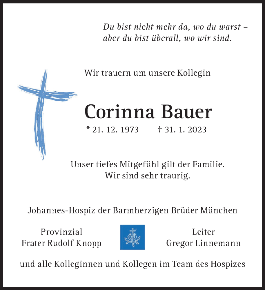  Traueranzeige für Corinna Bauer vom 04.02.2023 aus Süddeutsche Zeitung