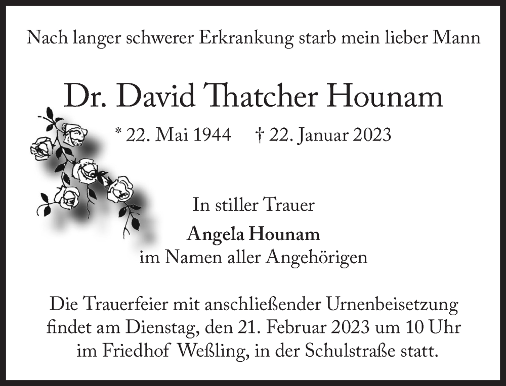  Traueranzeige für David Tatcher Hounam vom 04.02.2023 aus Süddeutsche Zeitung