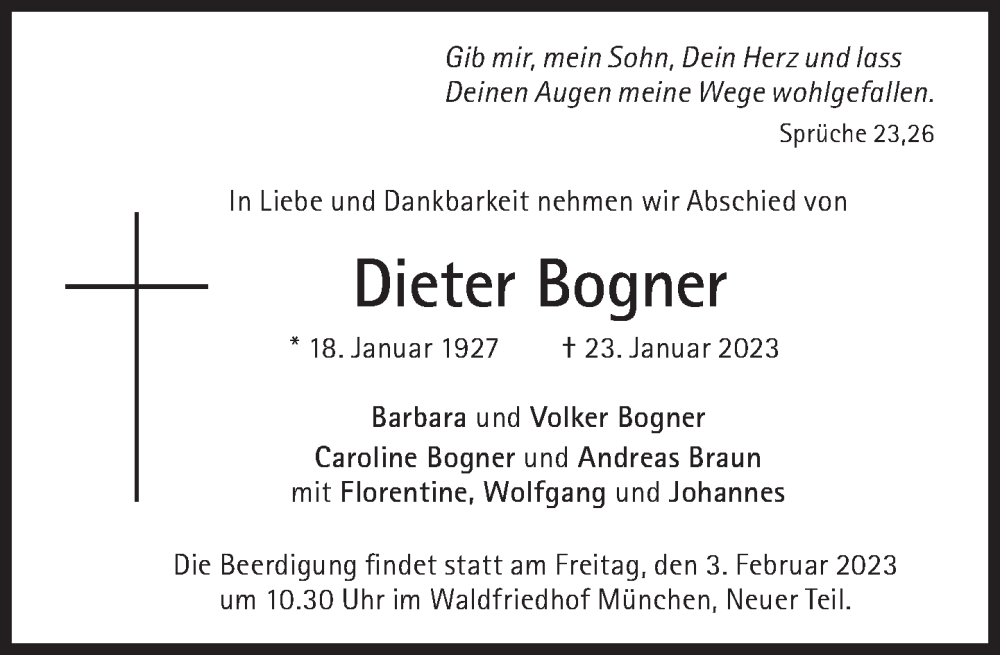  Traueranzeige für Dieter Bogner vom 28.01.2023 aus Süddeutsche Zeitung