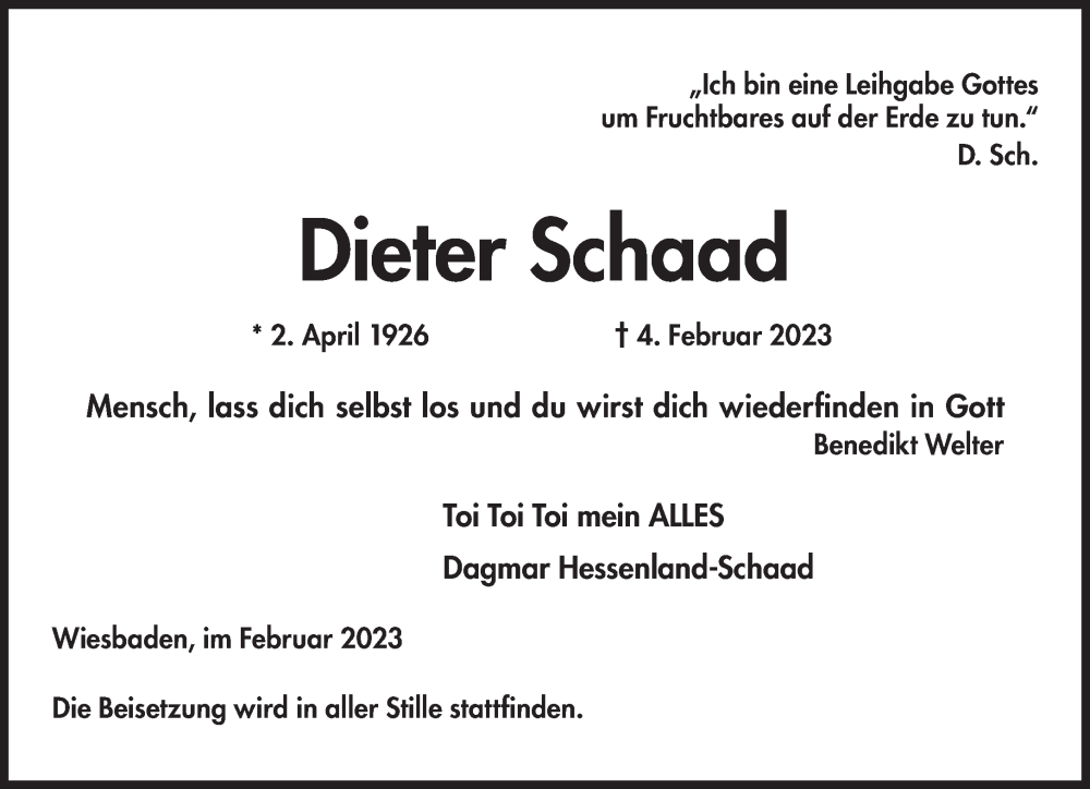  Traueranzeige für Dieter Schaad vom 11.02.2023 aus Süddeutsche Zeitung