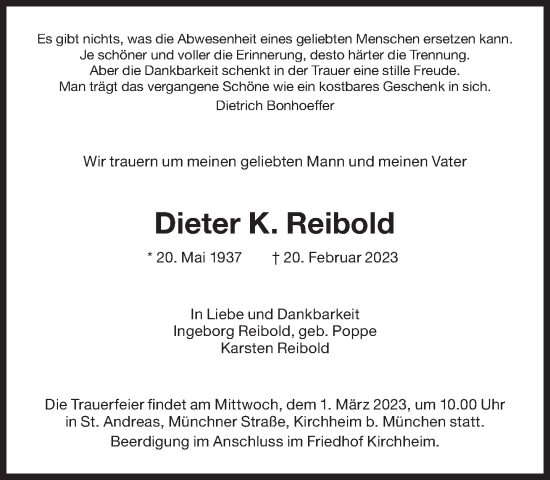 Traueranzeige von Dieter K. Reibold von Süddeutsche Zeitung