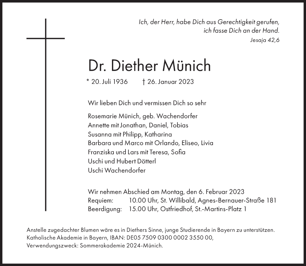  Traueranzeige für Diether Münich vom 02.02.2023 aus Süddeutsche Zeitung