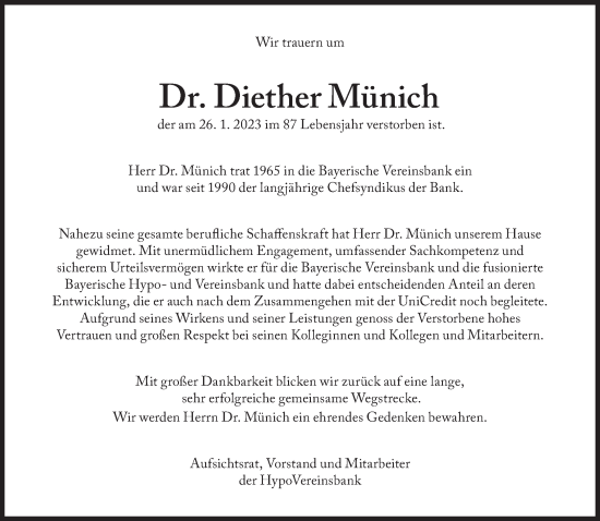 Traueranzeige von Diether Münich von Süddeutsche Zeitung