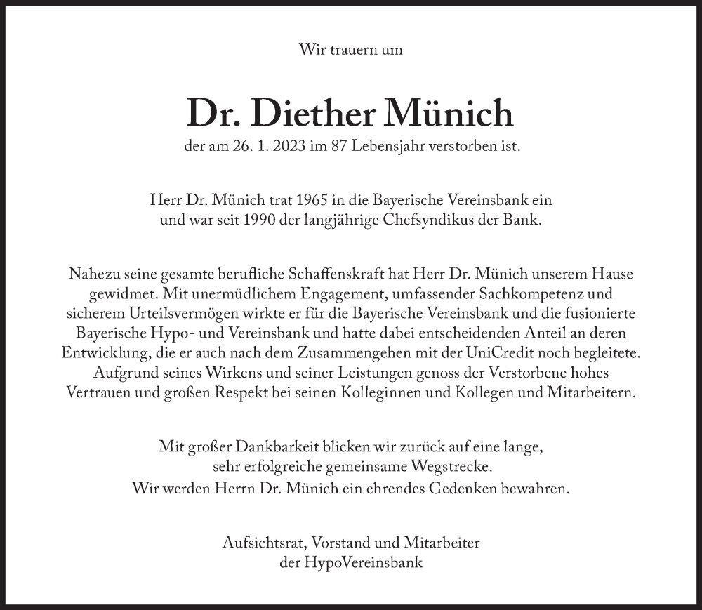  Traueranzeige für Diether Münich vom 02.02.2023 aus Süddeutsche Zeitung