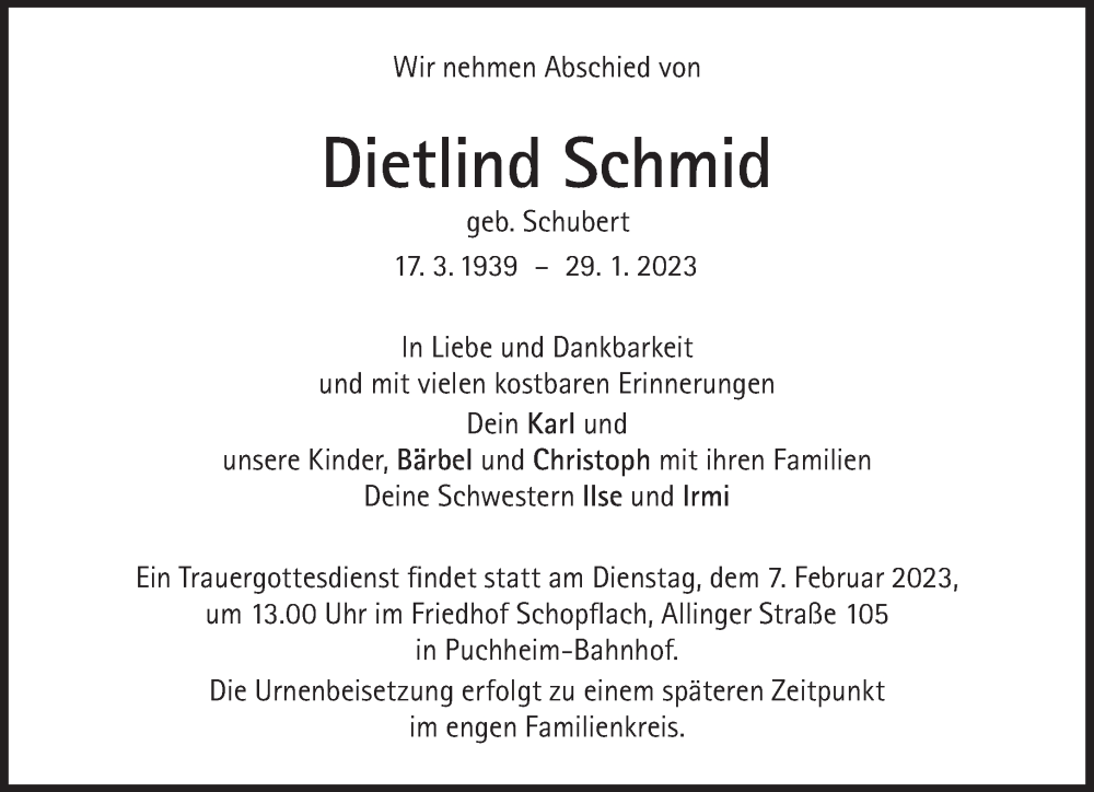  Traueranzeige für Dietlind Schmid vom 04.02.2023 aus Süddeutsche Zeitung