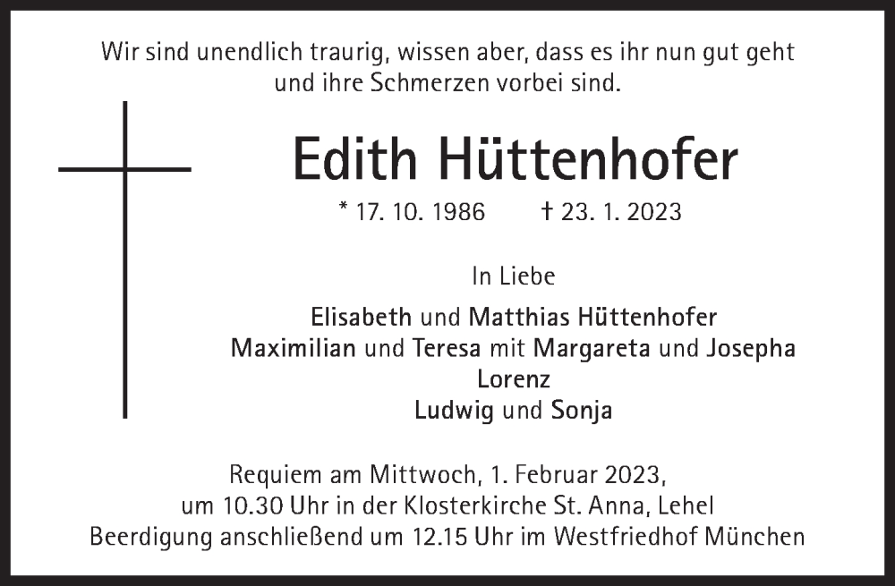  Traueranzeige für Edith Hüttenhofer vom 28.01.2023 aus Süddeutsche Zeitung