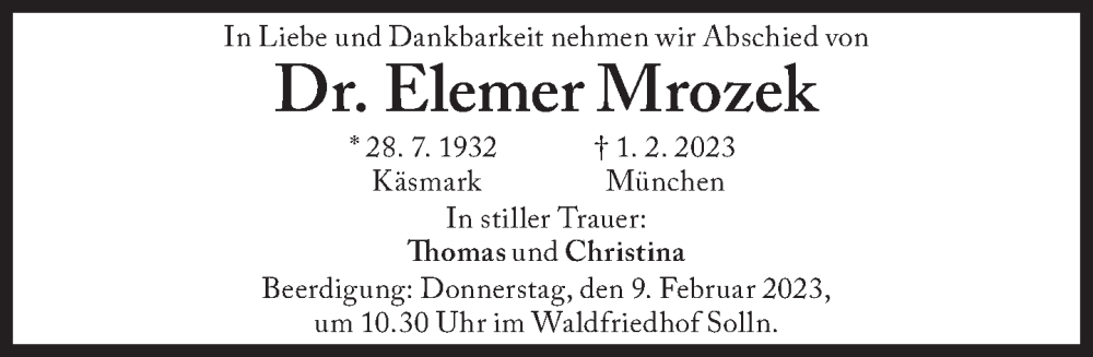  Traueranzeige für Elemer Mrozek vom 06.02.2023 aus Süddeutsche Zeitung