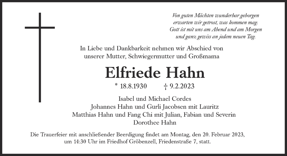  Traueranzeige für Elfriede Hahn vom 15.02.2023 aus Süddeutsche Zeitung