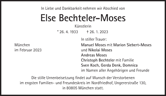 Traueranzeige von Else Bechteler-Moses von Süddeutsche Zeitung