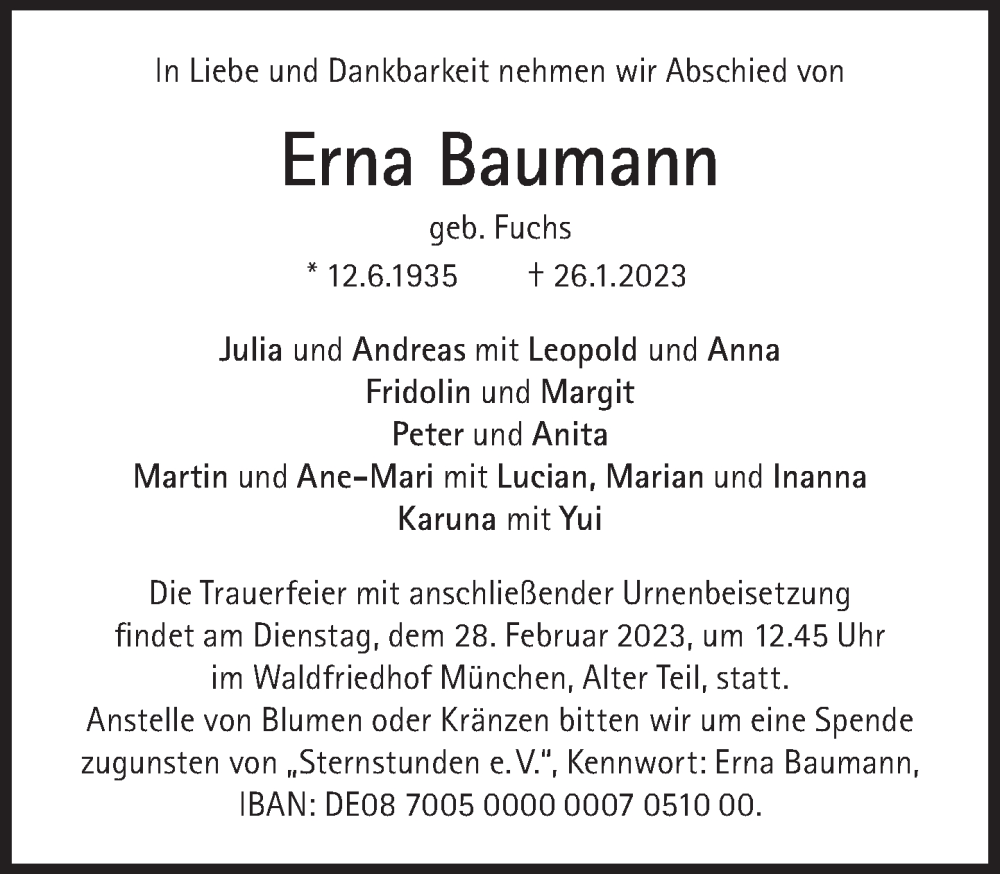  Traueranzeige für Erna Baumann vom 04.02.2023 aus Süddeutsche Zeitung