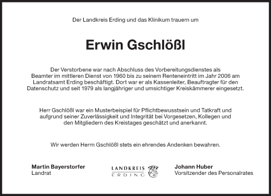 Traueranzeige von Erwin Gschlößl von Süddeutsche Zeitung