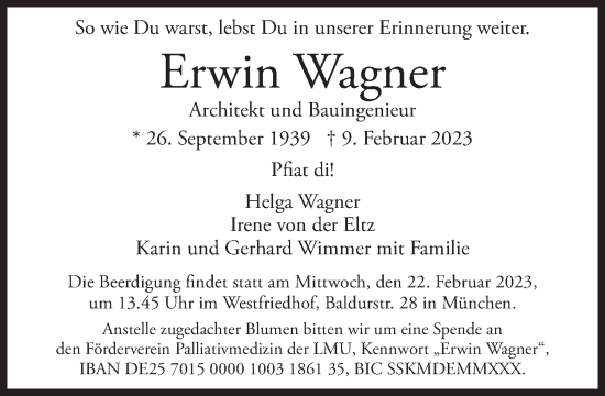 Traueranzeige von Erwin Wagner von Süddeutsche Zeitung