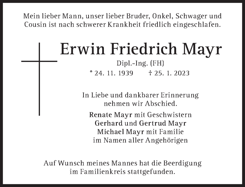  Traueranzeige für Erwin Friedrich Mayr vom 04.02.2023 aus Süddeutsche Zeitung