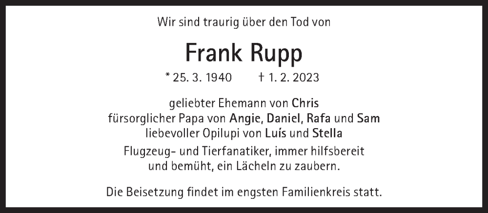  Traueranzeige für Frank Rupp vom 04.02.2023 aus Süddeutsche Zeitung