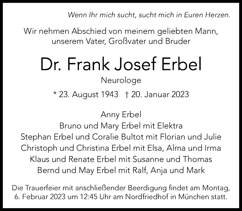 Traueranzeige für Frank Josef Erbel vom 28.01.2023 aus Süddeutsche Zeitung