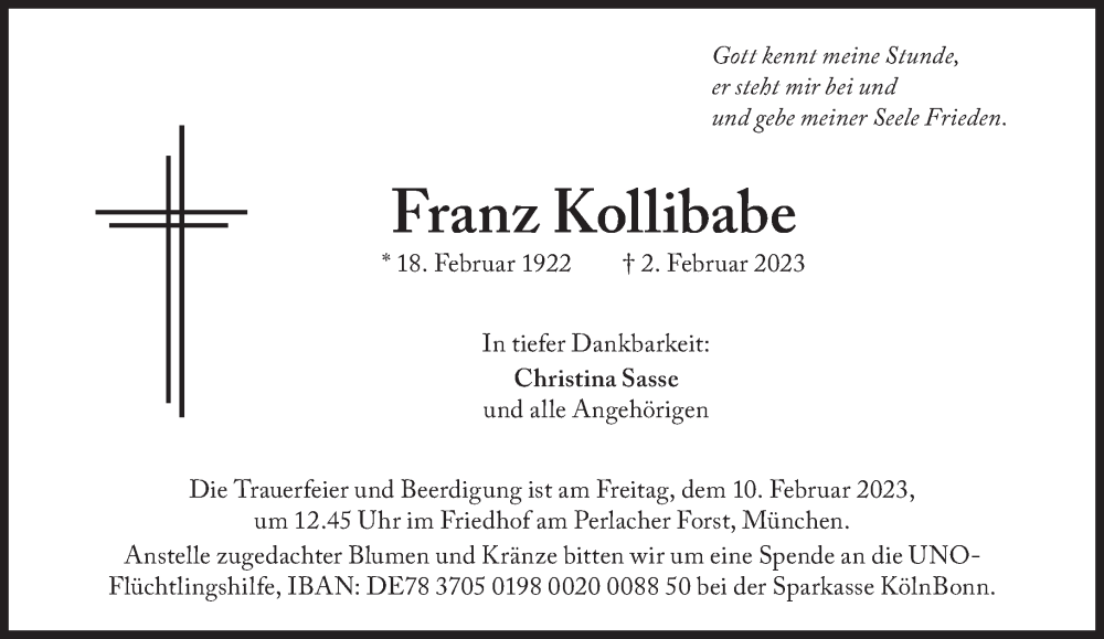  Traueranzeige für Franz Kollibabe vom 07.02.2023 aus Süddeutsche Zeitung