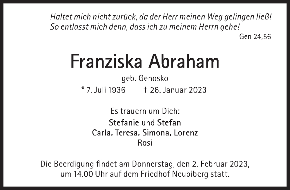  Traueranzeige für Franziska Abraham vom 28.01.2023 aus Süddeutsche Zeitung
