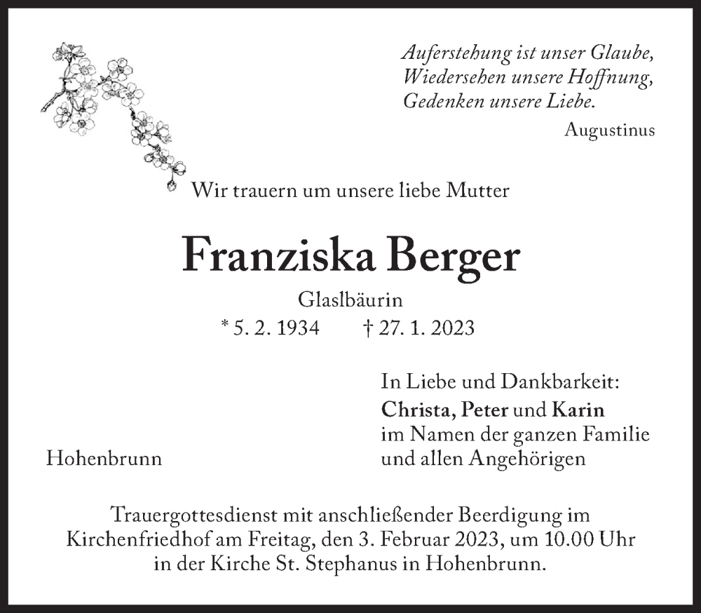  Traueranzeige für Franziska Berger vom 31.01.2023 aus Süddeutsche Zeitung
