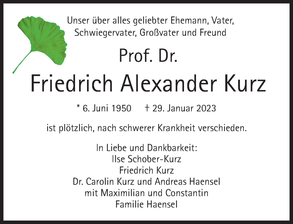  Traueranzeige für Friedrich Alexander Kurz vom 04.02.2023 aus Süddeutsche Zeitung