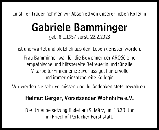 Traueranzeige von Gabriele Bamminger von Süddeutsche Zeitung