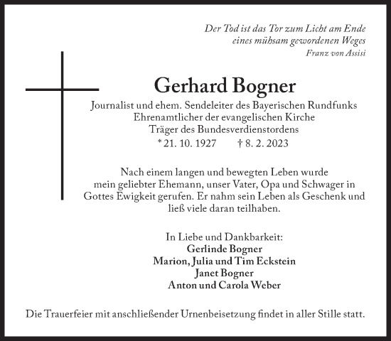 Traueranzeige von Gerhard Bogner von Süddeutsche Zeitung