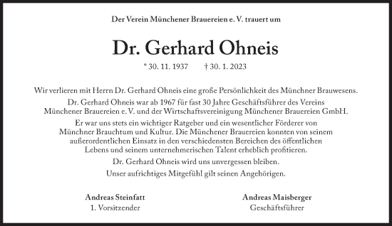 Traueranzeige von Gerhard Ohneis von Süddeutsche Zeitung