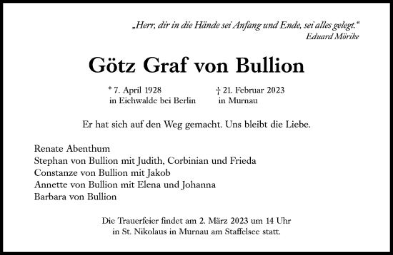 Traueranzeige von Götz Graf von Bullion von Süddeutsche Zeitung