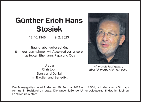 Traueranzeige von Günther Erich Hans Stosiek von Süddeutsche Zeitung