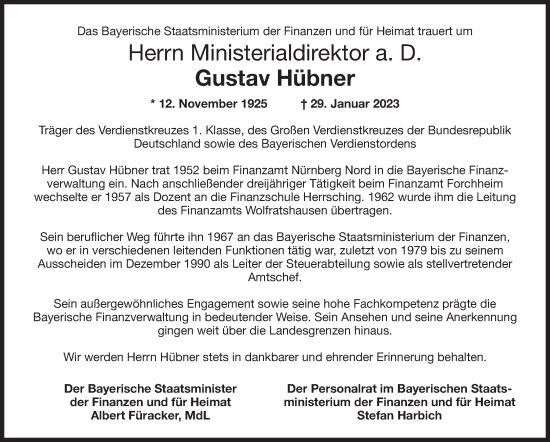 Traueranzeige von Gustav Hübner von Süddeutsche Zeitung