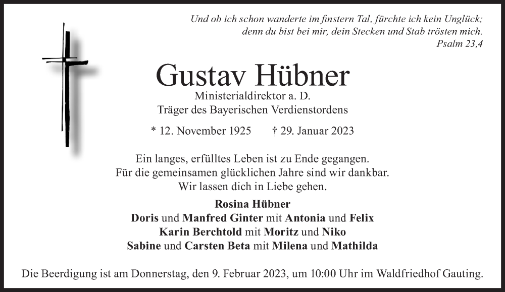  Traueranzeige für Gustav Hübner vom 04.02.2023 aus Süddeutsche Zeitung