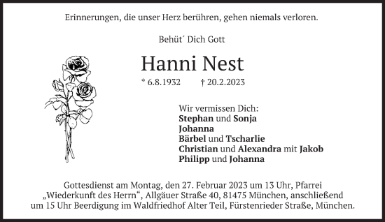 Traueranzeige von Hanni Nest von Süddeutsche Zeitung