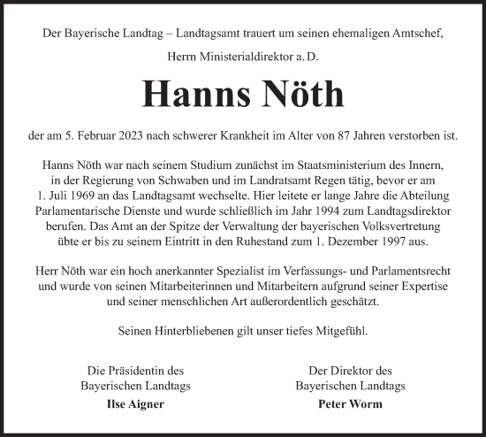 Traueranzeige von Hanns Nöth von Süddeutsche Zeitung