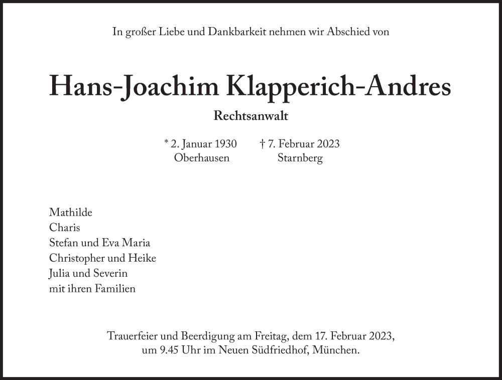  Traueranzeige für Hans-Joachim Klapperich-Andres vom 11.02.2023 aus Süddeutsche Zeitung