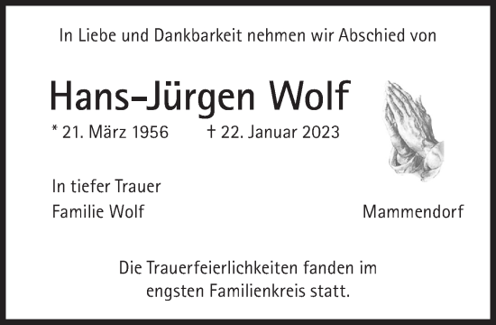 Traueranzeige von Hans-Jürgen Wolf von Süddeutsche Zeitung