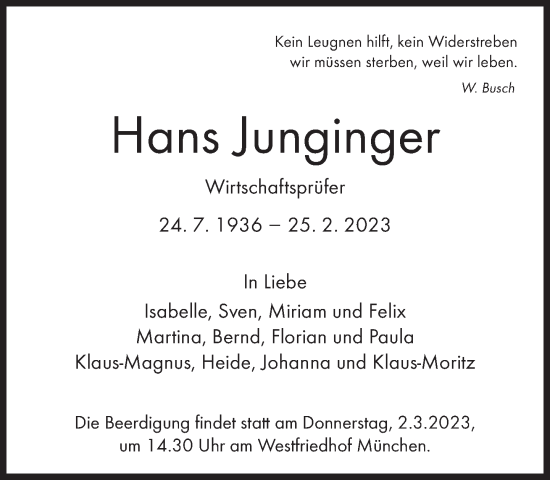 Traueranzeige von Hans Junginger von Süddeutsche Zeitung