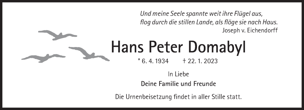  Traueranzeige für Hans Peter Domabyl vom 28.01.2023 aus Süddeutsche Zeitung