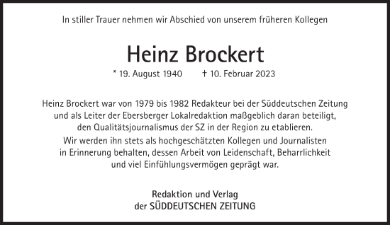 Traueranzeige von Heinz Brockert von Süddeutsche Zeitung