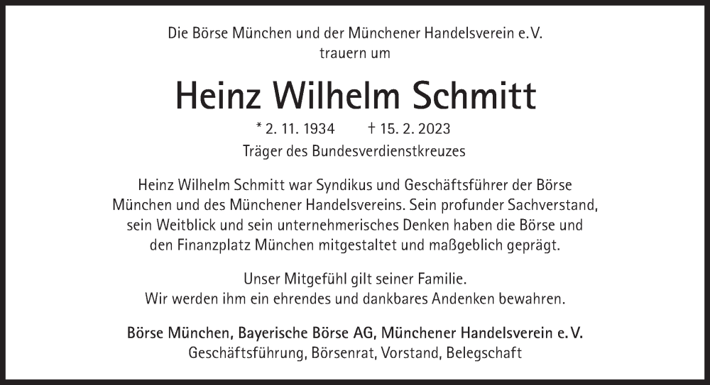  Traueranzeige für Heinz Wilhelm Schmitt vom 25.02.2023 aus Süddeutsche Zeitung