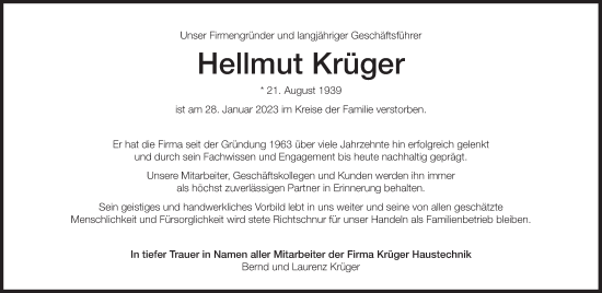 Traueranzeige von Hellmut Krüger von Süddeutsche Zeitung