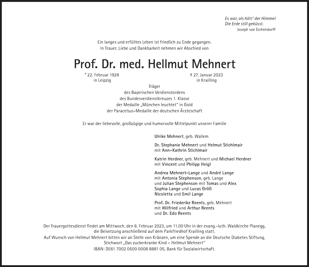  Traueranzeige für Hellmut Mehnert vom 04.02.2023 aus Süddeutsche Zeitung