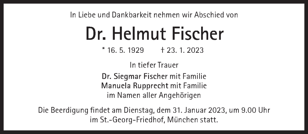  Traueranzeige für Helmut Fischer vom 28.01.2023 aus Süddeutsche Zeitung