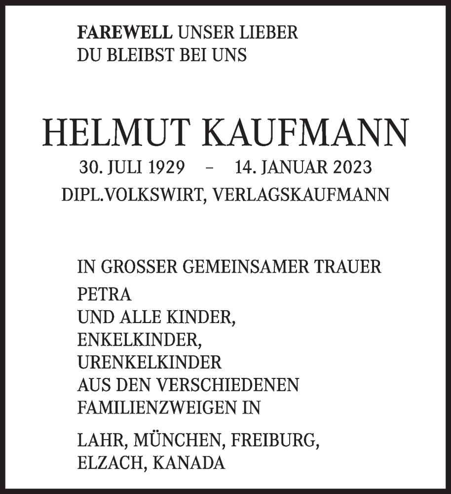  Traueranzeige für Helmut Kaufmann vom 26.01.2023 aus Süddeutsche Zeitung