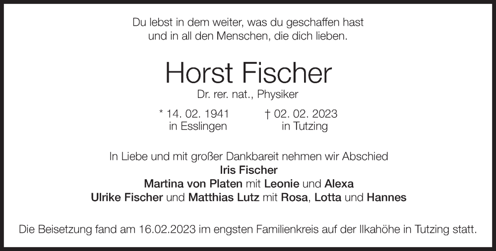  Traueranzeige für Horst Fischer vom 18.02.2023 aus Süddeutsche Zeitung