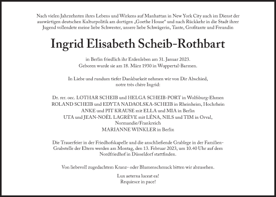 Traueranzeige von Ingrid Elisabeth Scheib-Rothbart von Süddeutsche Zeitung